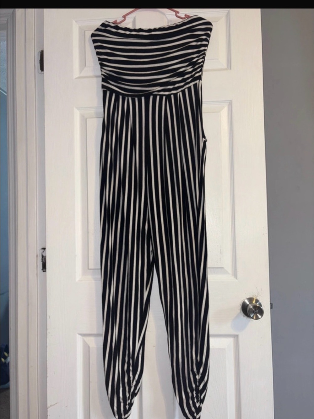 Heart Hips Black and White Strapless Striped Jumpsuit